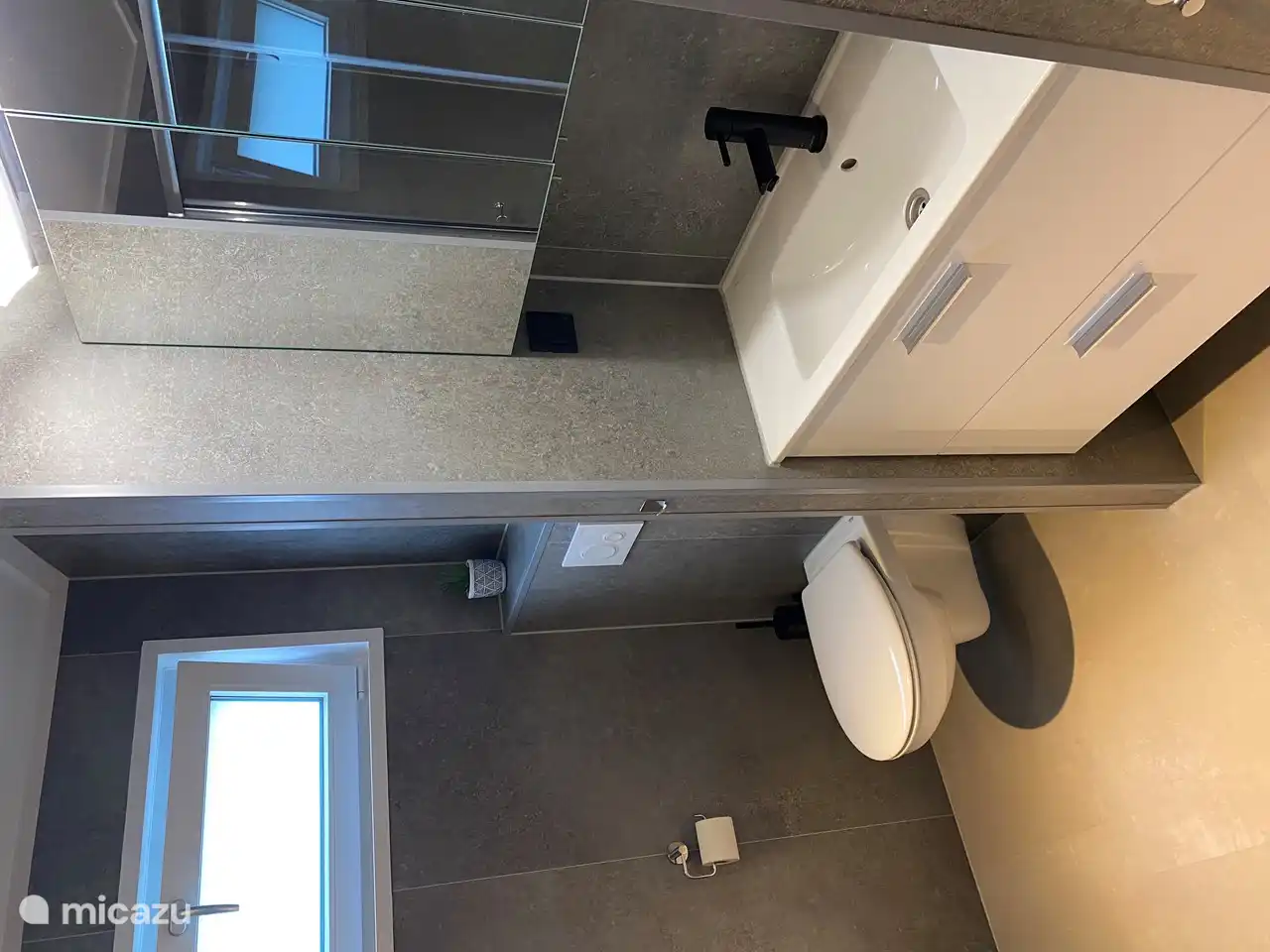 Salle de bain spacieuse avec lavabo, toilettes et douche