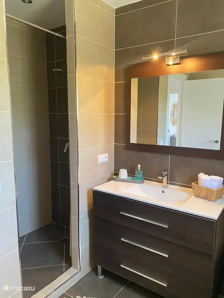 Grande salle de bain avec baignoire et douche à l’italienne