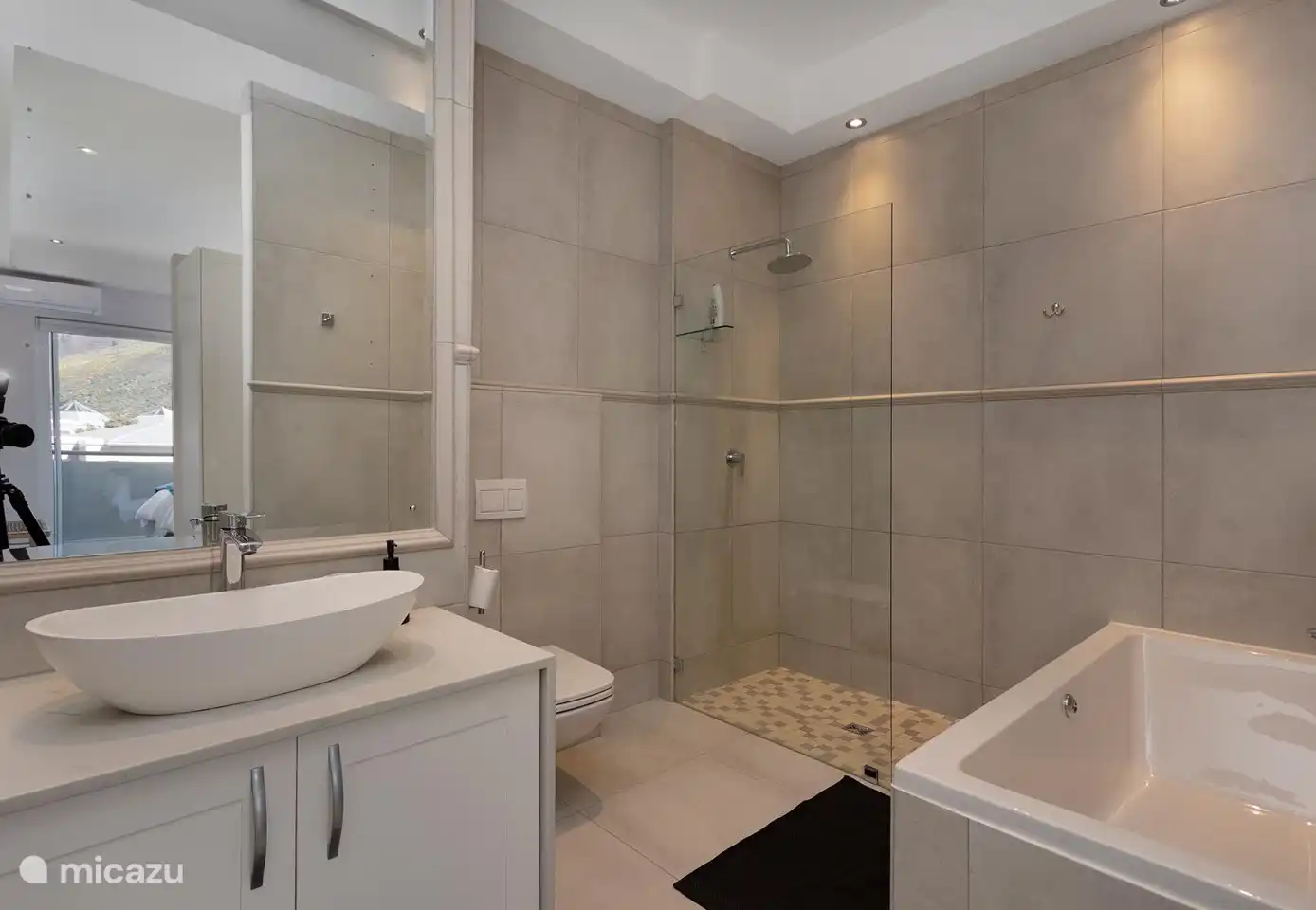 Salle de bain attenante à la chambre simple, avec baignoire et douche