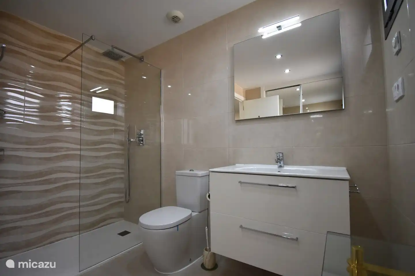 large bathroom with spacious walk-in shower and toilet