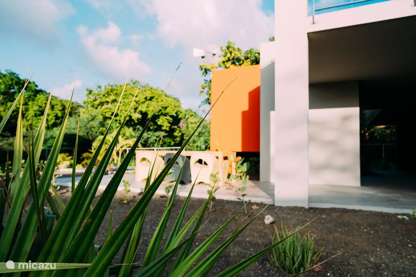 De tuin met privé-zwembad, eettafel en ligstoelen, omgeven door natuur.
