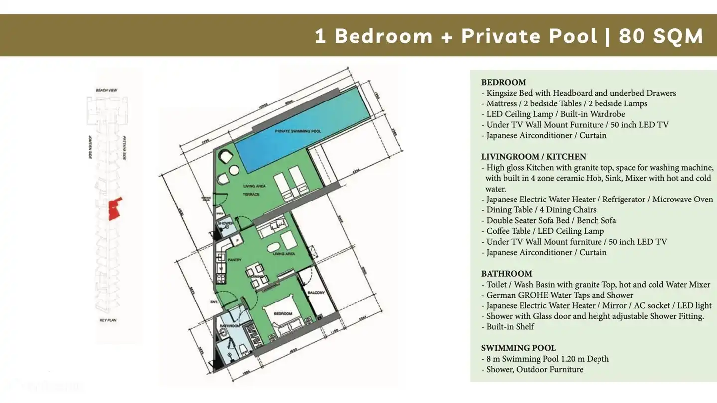 Plano de planta del apartamento con piscina privada Jomtien Beach Pattaya