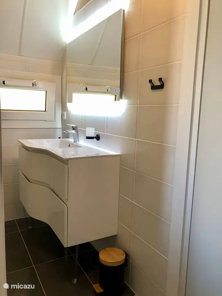 Ba&#241;o con ducha de efecto lluvia a ras de suelo.