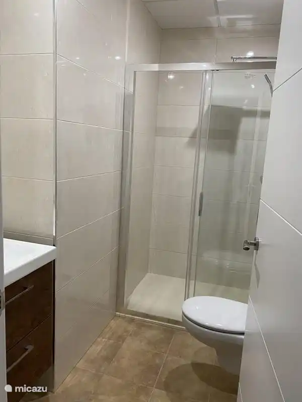 cuarto de baño privado con ducha, lavabo e inodoro flotante