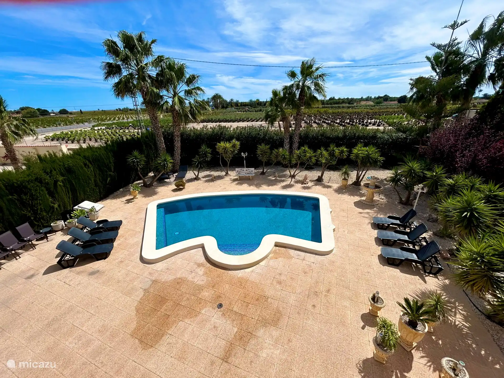 Blick auf den Pool vom Balkon der Sonnenterrasse