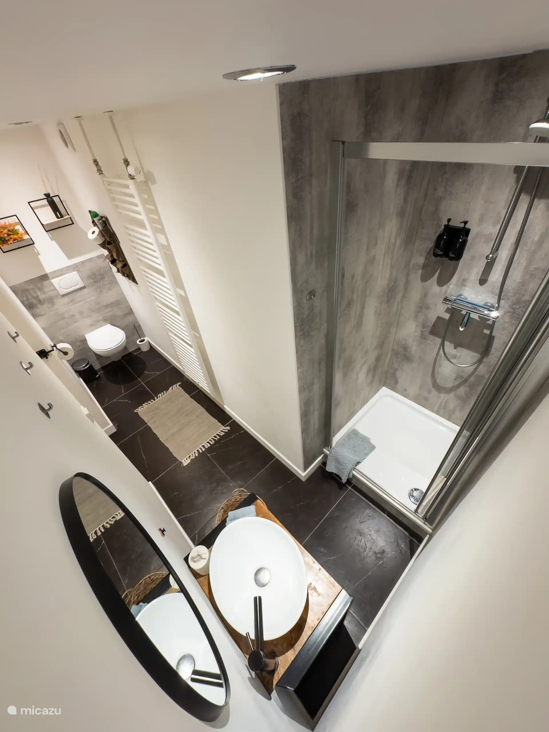 Baño espacioso con ducha y inodoro