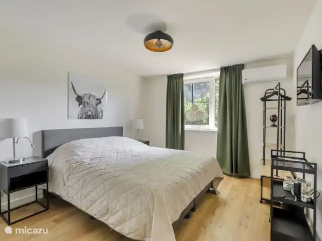 bed & breakfast huren in Nederland, Gelderland, Apeldoorn – Huisje Wenum: 3 - Schotse Hooglander Ruime slaapkamer met tv en ensuite badkamer.