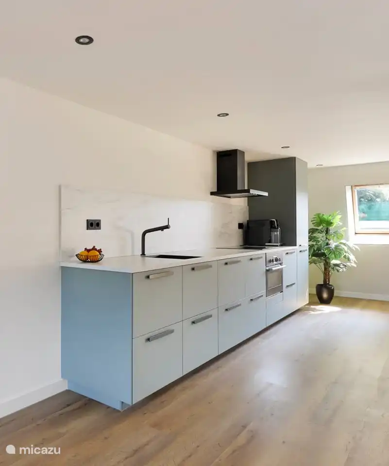 Moderne Küche mit Einbaugeräten im Gemeinschaftsraum.