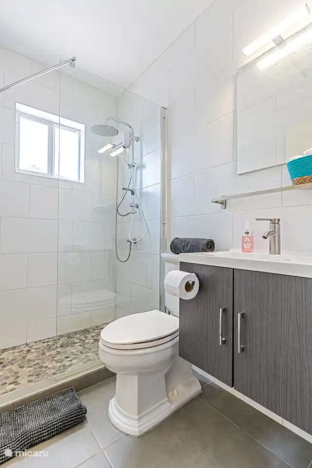 Badezimmer mit ebenerdiger Dusche und Toilette.