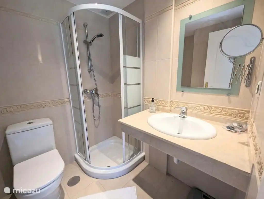 This fully equipped bathroom with toilet, shower and sink can be reached from the rear bedroom
