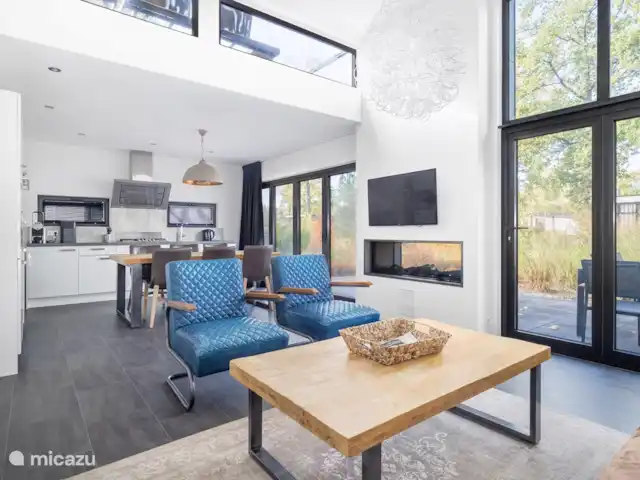 Maison de vacances Maridu Forest Cube | Pays-Bas, Gueldre, Arnhem - maison de vacances salon et cuisine avec foyer au gaz visible à l'intérieur et à l'extérieur