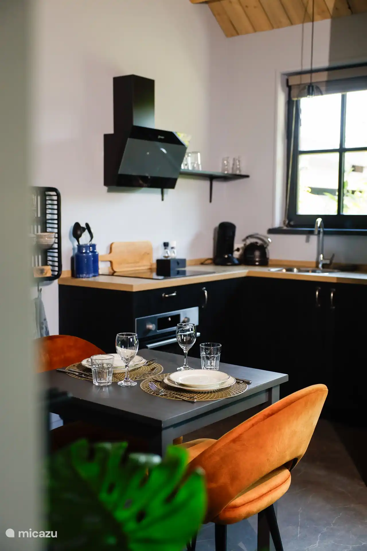 Voll ausgestattete Küche mit Induktionskochfeld, Senseo, Wasserkocher, Kombi-Mikrowelle, Kühlschrank. Kaffeepads, Tee, Zucker und Kondensmilch werden zur Verfügung gestellt.