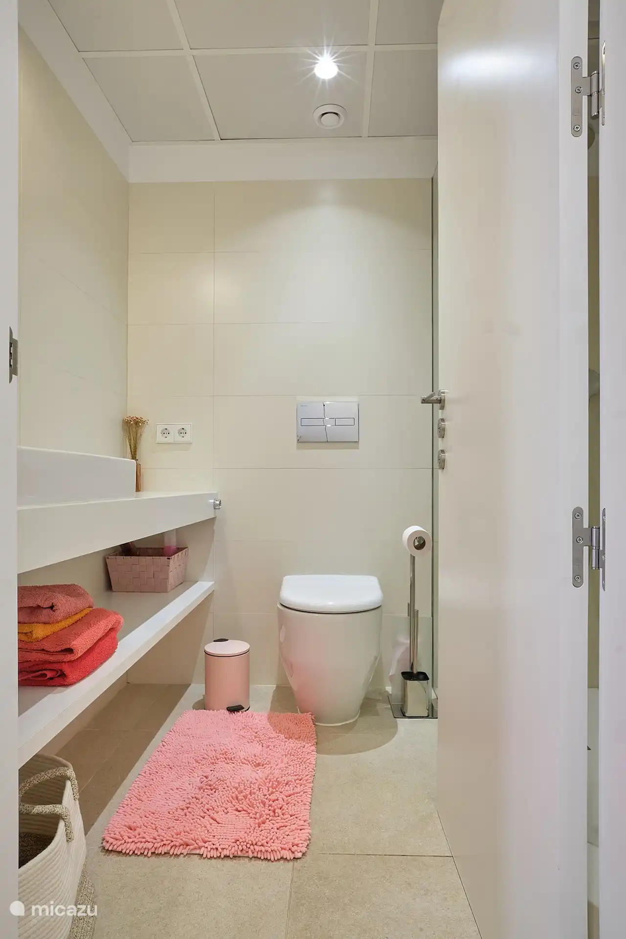 Dit is de badkamer met grote inloop/regendouche (achter de deur) die bij de hoofdslaapkamer hoort