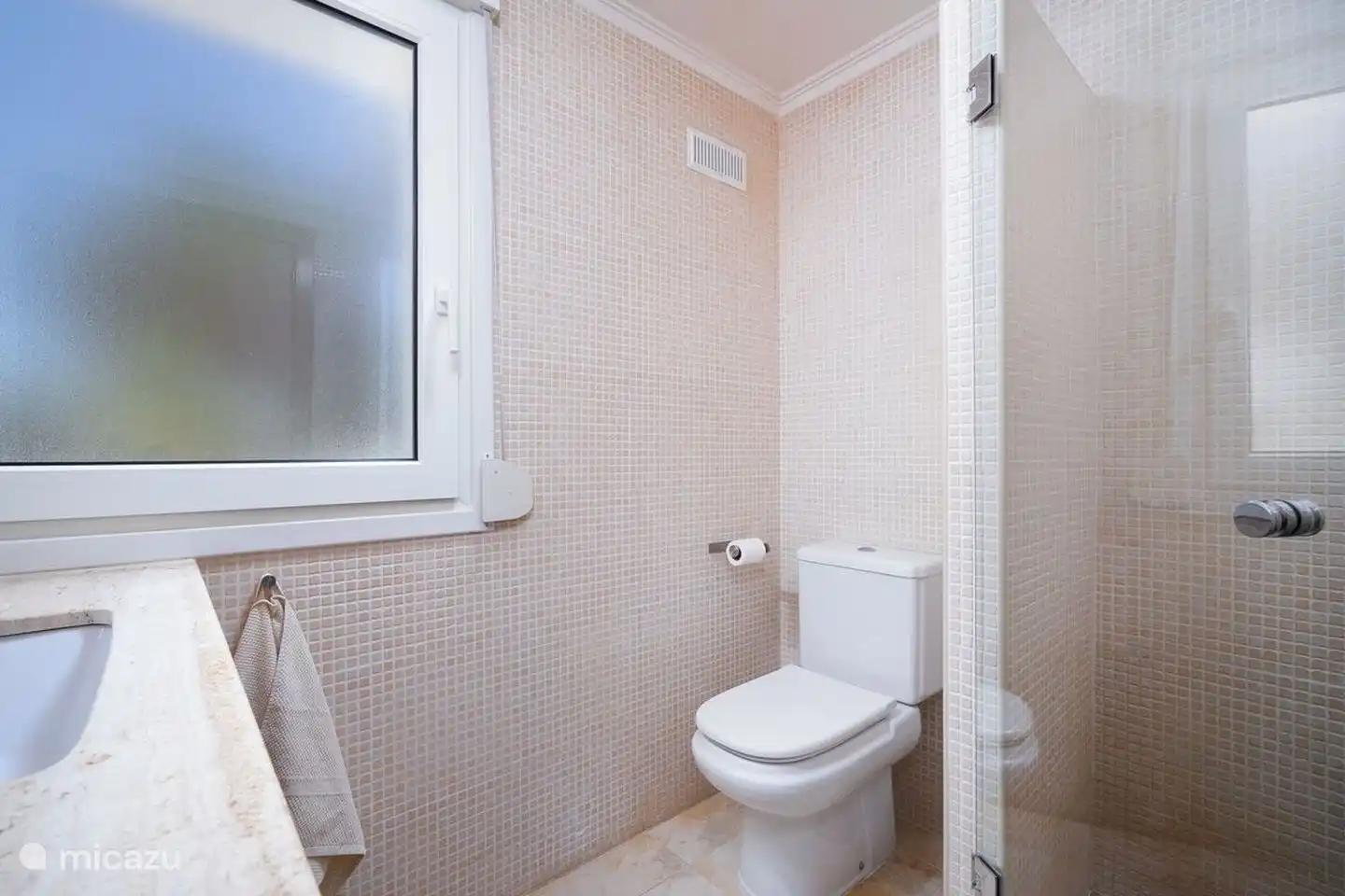 Badezimmer im Erdgeschoss mit Dusche, WC und Waschbecken