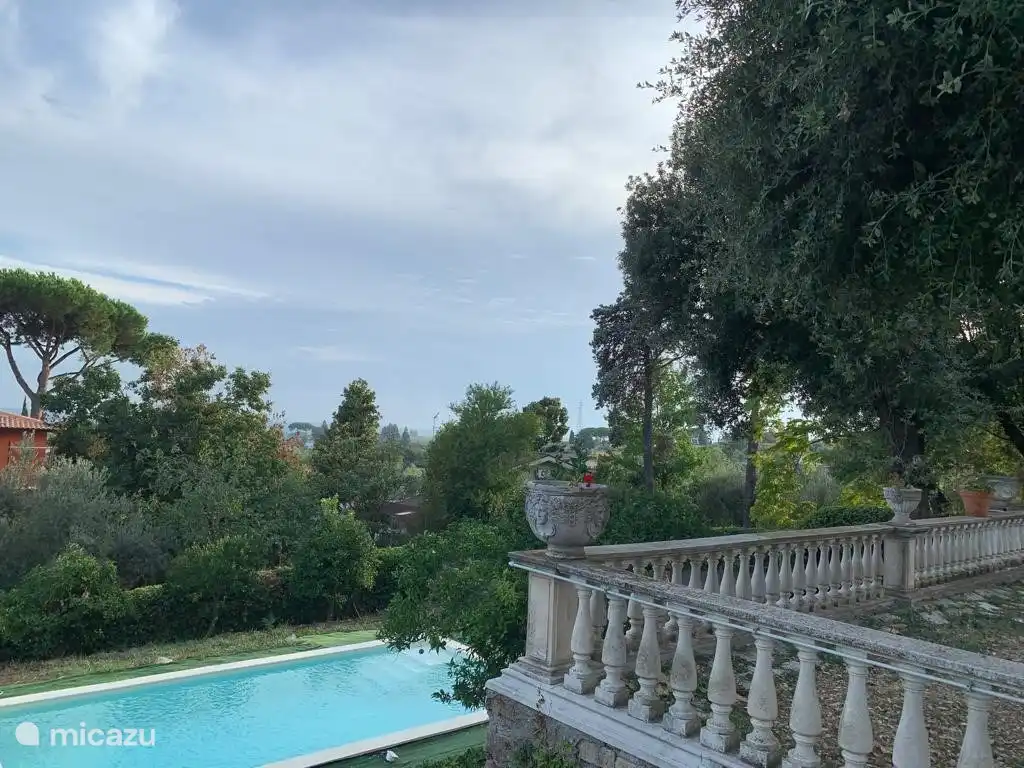 vue sur la piscine depuis le jardin.