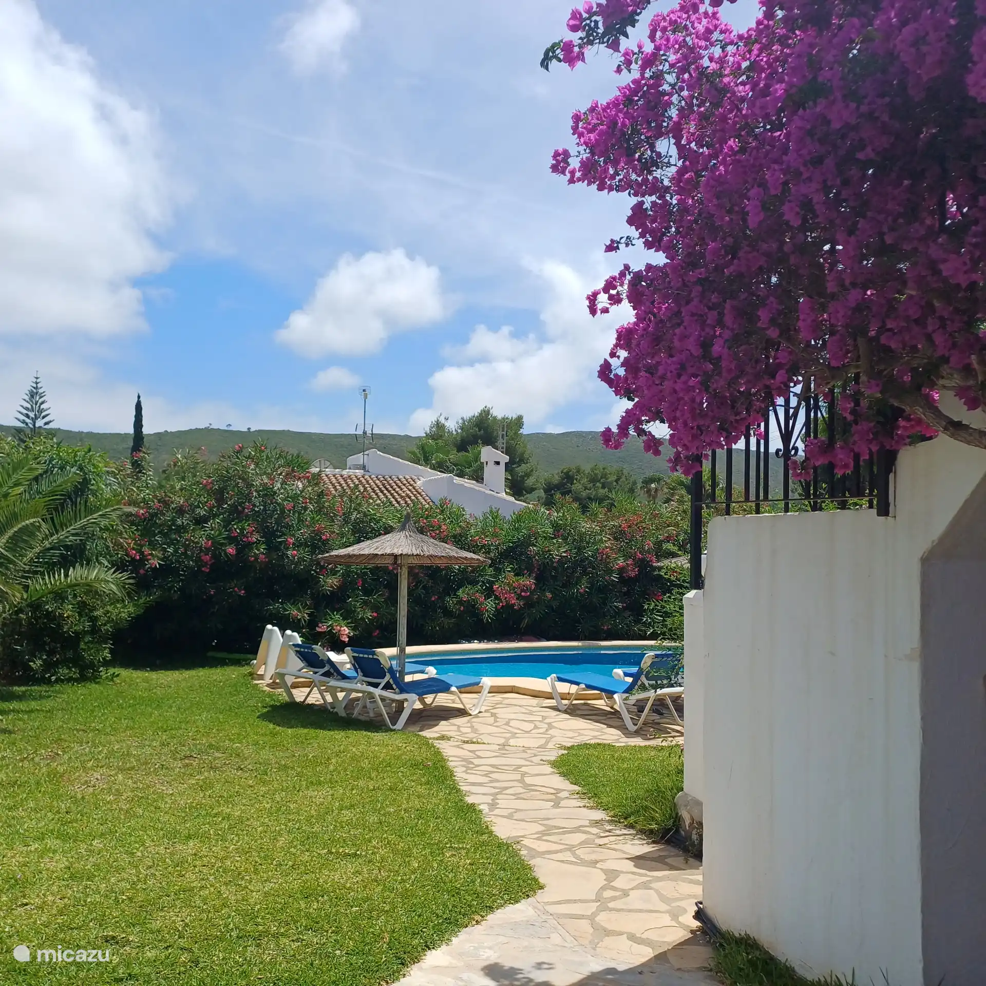 Vers la piscine depuis la terrasse arrière