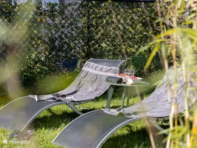 Maison de vacances de luxe avec spa et sauna | Pays-Bas, Frise, Tzummarum - maison de vacances Le jardin dans l’espace bien-être protégé avec 2 jolis lits de relaxation.