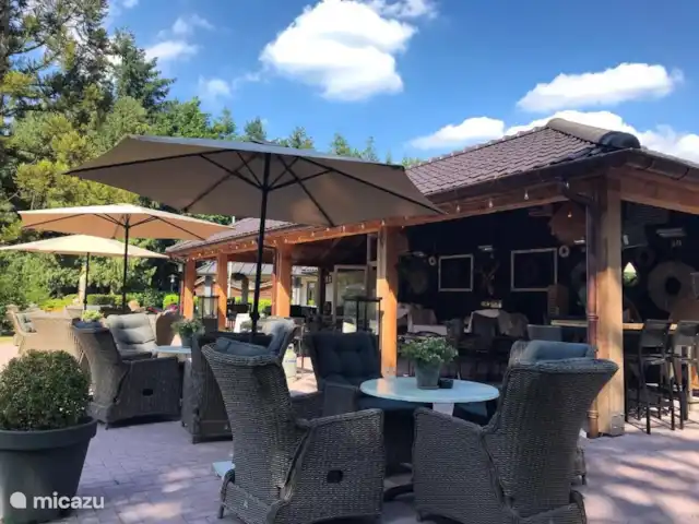 Bungalow en el bosque Jardines en Países Bajos, Güeldres, Garderen - bungaló El Grand Café tiene una preciosa terraza al aire libre, donde podrá sentarse y disfrutar de la vista del parque infantil.