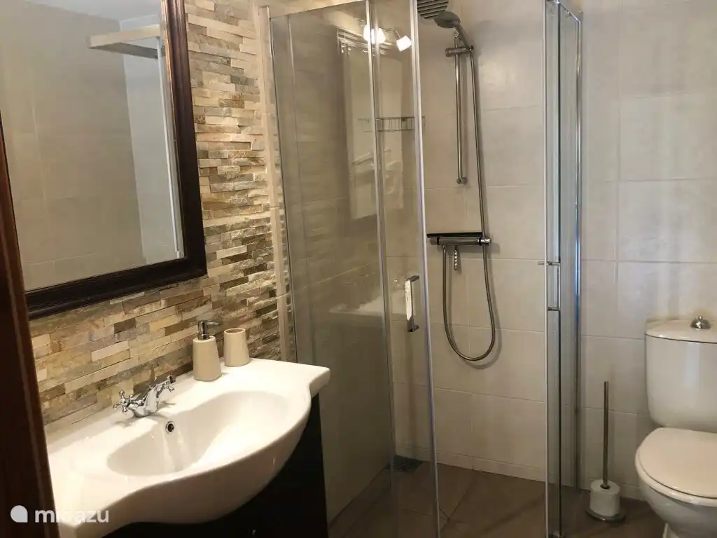 Salle de bain avec toilettes, lavabo, douche et sèche-cheveux. 