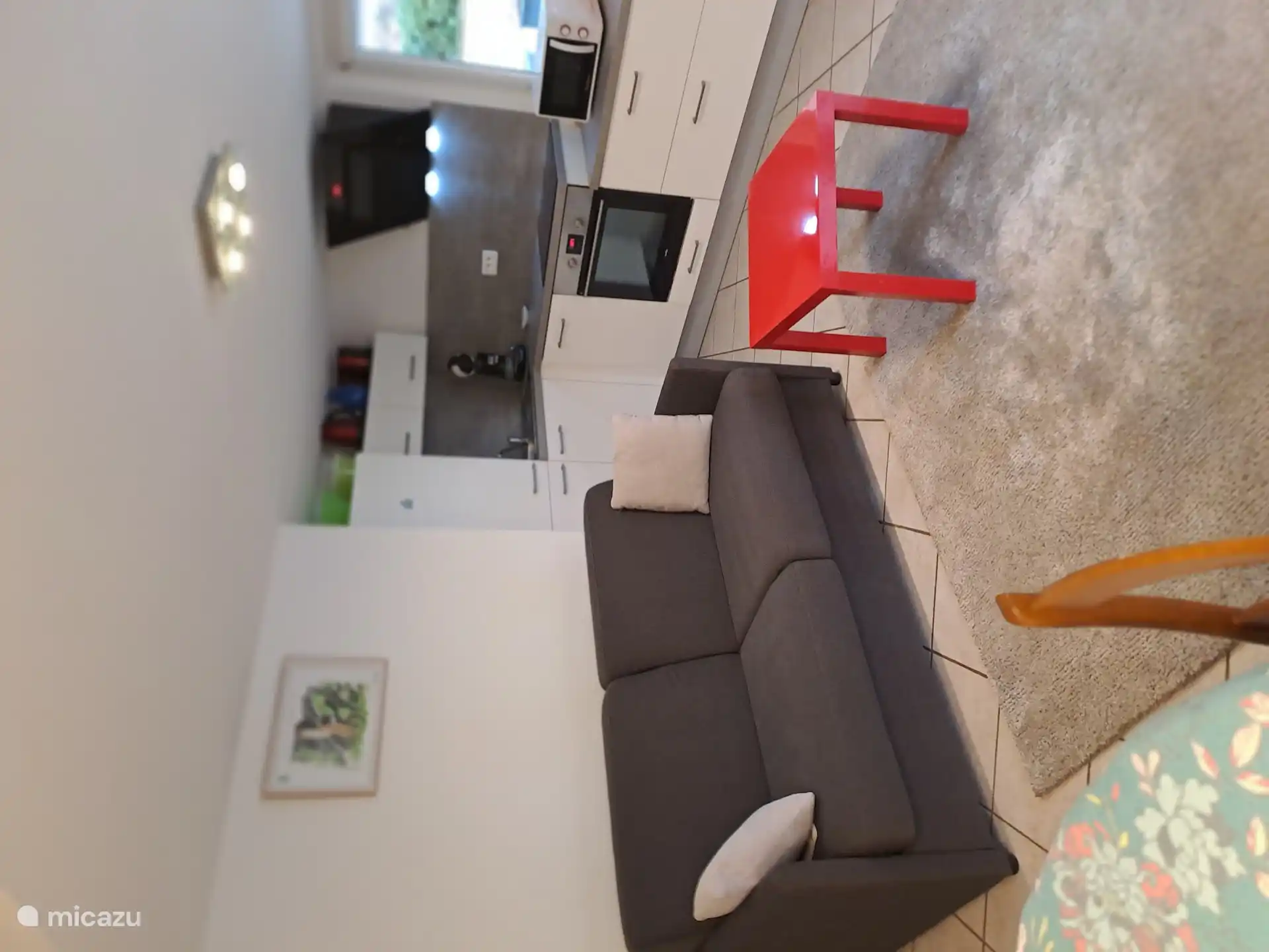 Wohnzimmer: mit Küchenbereich   
Sofa, das in ein Bett umgewandelt werden kann: sehr komfortables Doppelbett + Essbereich. 