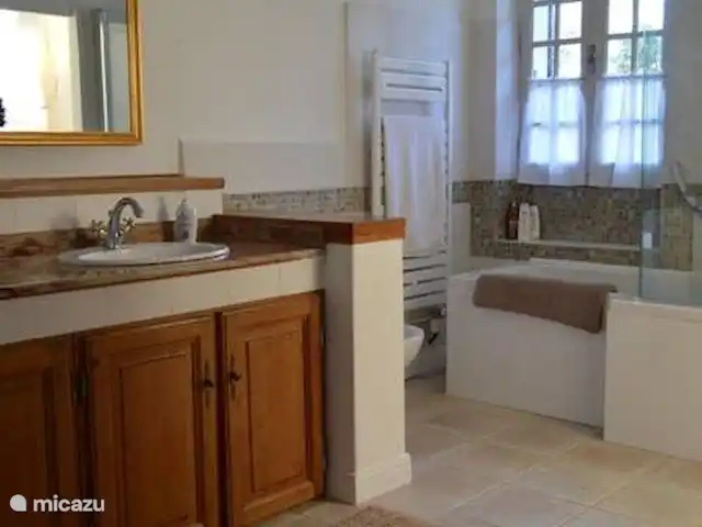 Petit Pezet | France, Charente, Brossac - maison de vacances Salle de bain chambre principale avec salle de bain privée avec bain/douche/toilette/bidet et 2 lavabos