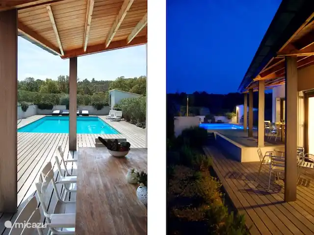 Location de Vacances France, Corse, Sainte-Lucie-de-Porto-Vecchio, villa - Villa Coucou Les Amis La vue depuis la véranda sur la piscine en journée et en soirée