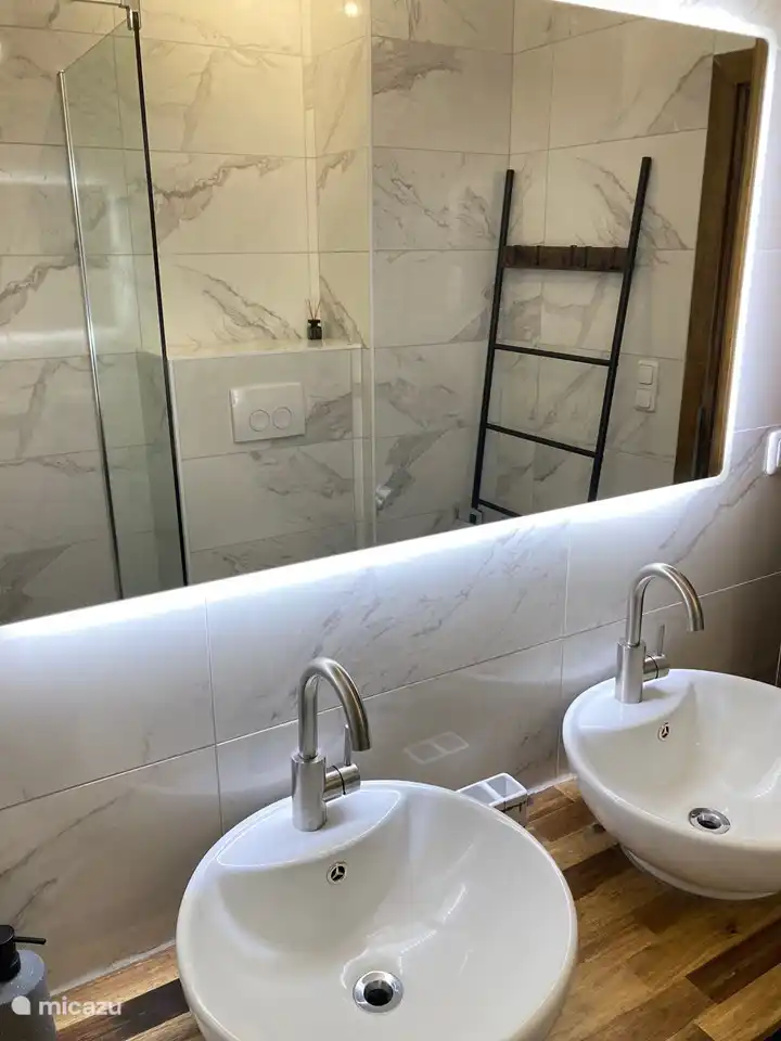 Badezimmer mit Doppelwaschbecken, ebenerdiger Dusche und Toilette