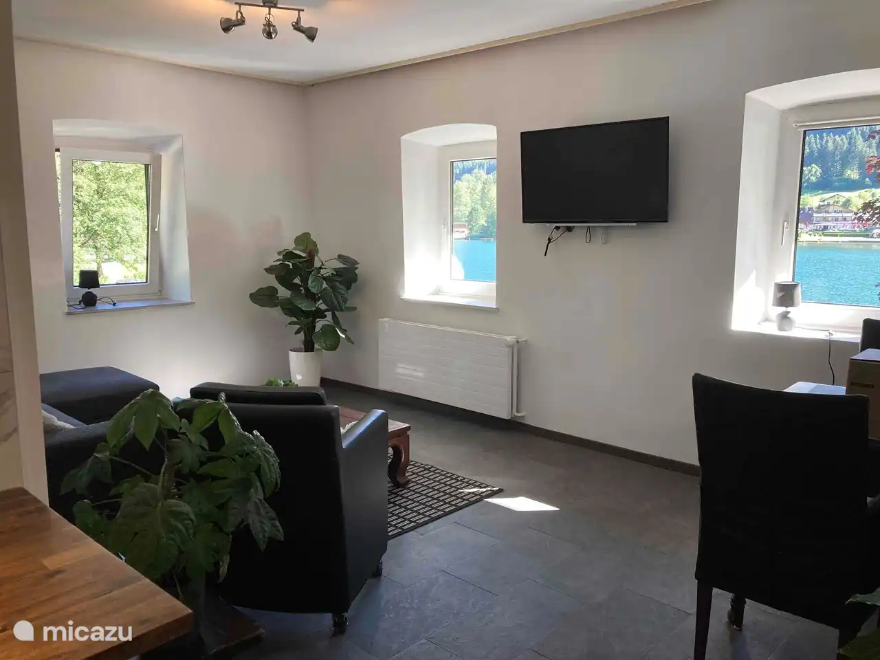 Wohnzimmer mit Seeblick, TV mit Streaming-Möglichkeit