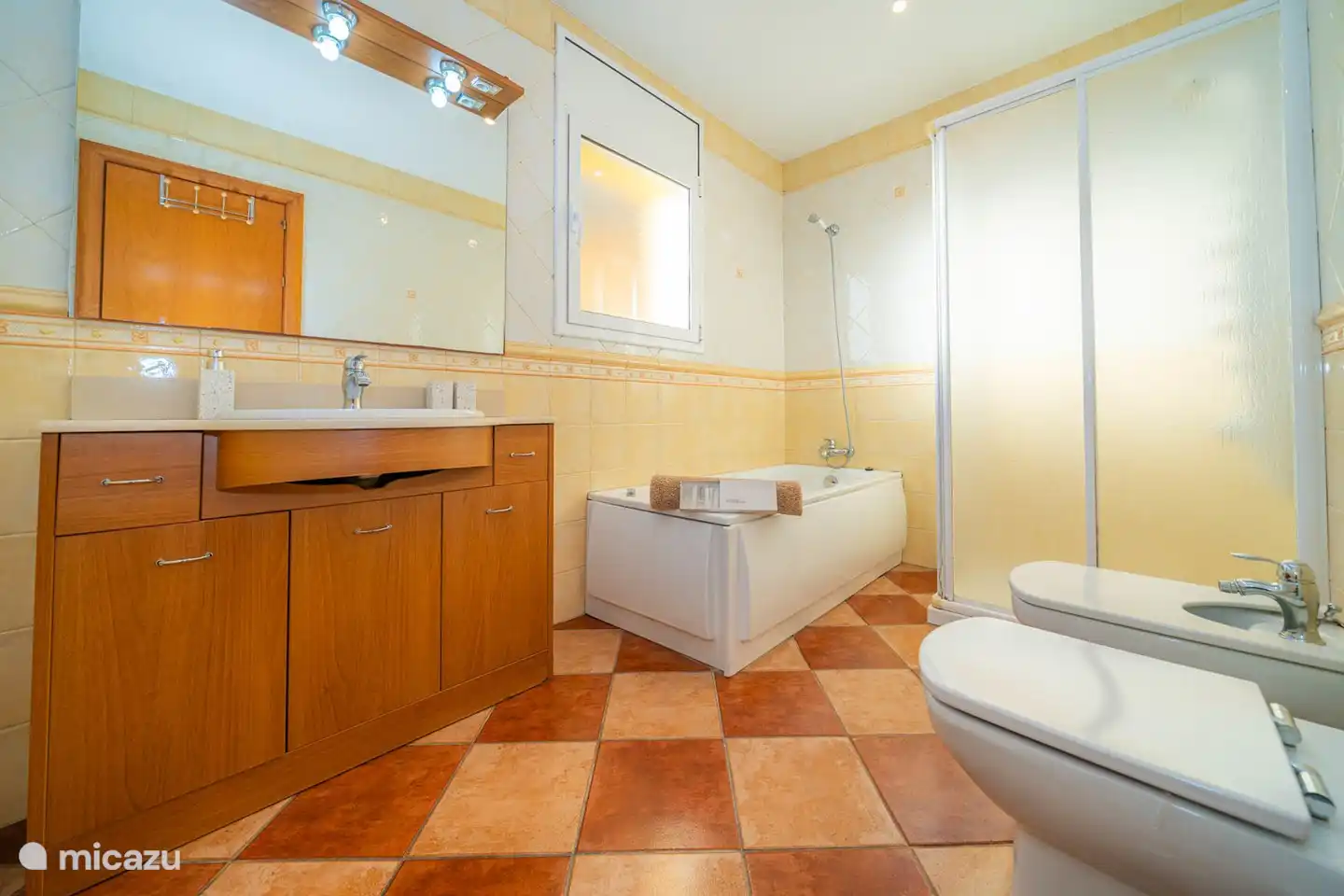 Badkamer 2 met ligbad(jacuzzi), een separate douche, toilet en bidet