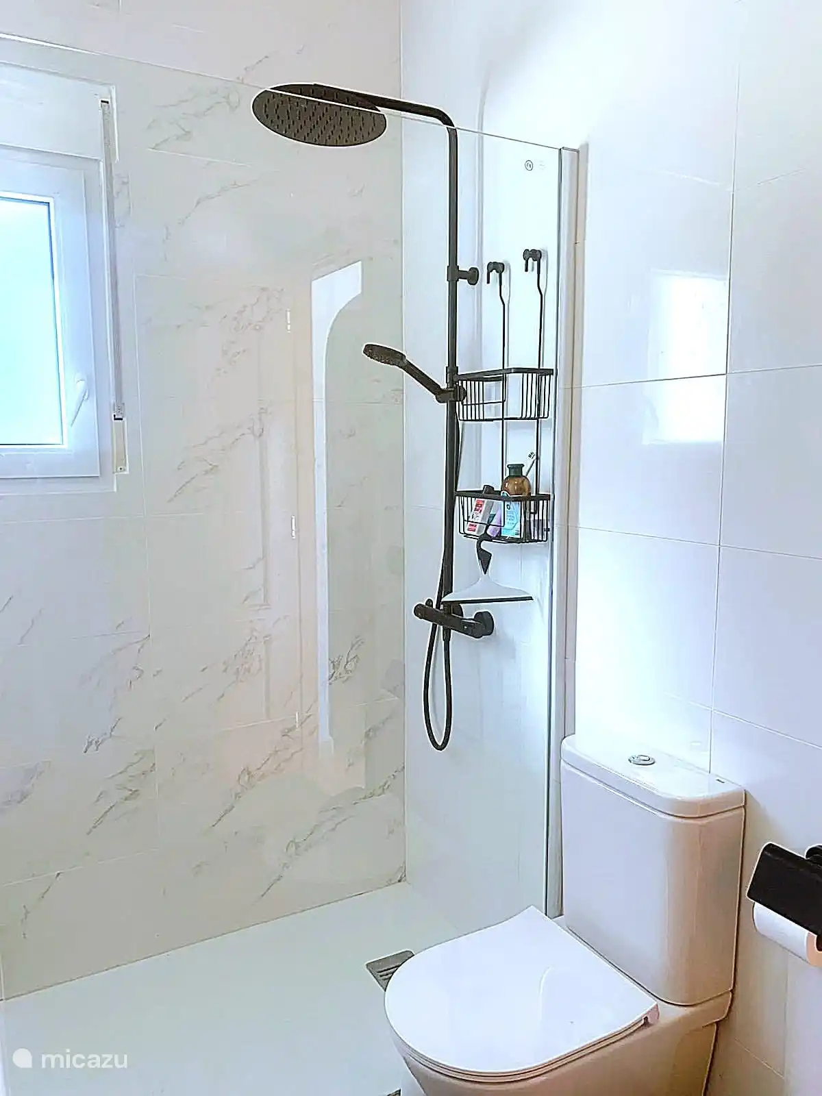 El baño en la planta baja es completamente nuevo y tiene un mobiliario de baño funcional y una hermosa ducha con ducha de lluvia.
