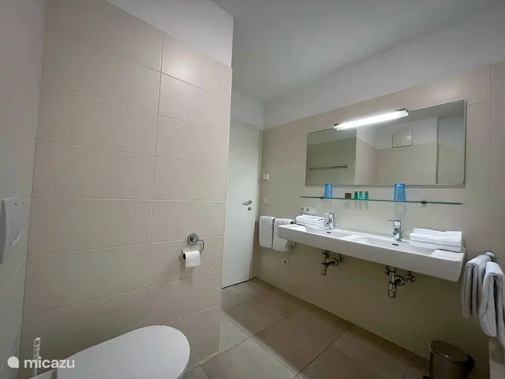 Das Badezimmer mit Dusche, WC und Badewanne lädt nach einem Tag in den Bergen zum Genießen ein.