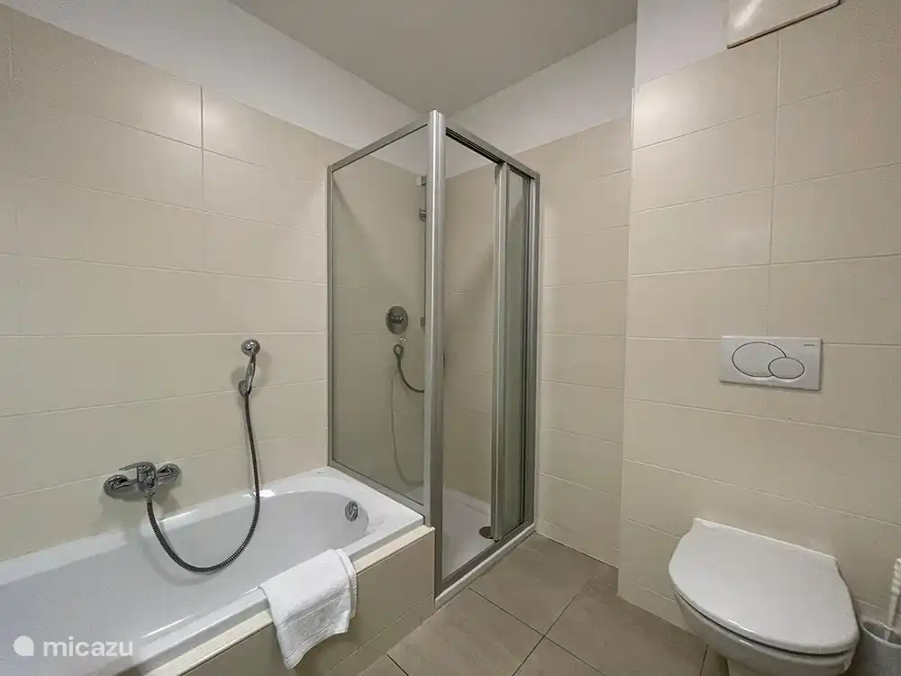 Das Badezimmer mit Dusche, WC und Badewanne lädt nach einem Tag in den Bergen zum Genießen ein.