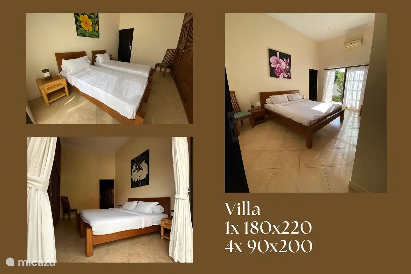 La villa tiene 3 dormitorios.
1 habitación con cama de 180x220
1 habitación con 2 camas individuales juntas formando cama de matrimonio. También se pueden separar y formar 2 camas individuales.
1 habitación con 2 camas individuales aparte. Esto se puede hacer como una cama doble.