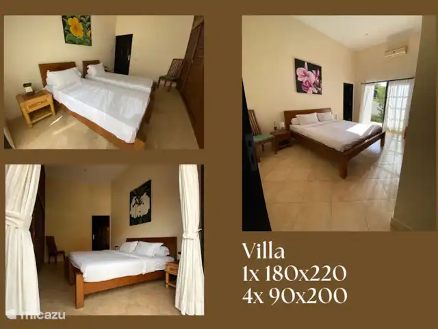 BaliSeaviewVilla Namaste&Guesthouses huren in Indonesië, Bali, Dencarik - villa De villa heeft 3 slaapkamers. 
1 kamer met een bed 180x220
1 kamer met 2 enkele bedden aan elkaar opgemaakt als 2 persoons bed. Deze kunnen ook uit elkaar staan en als 2 enkele bedden worden opgemaakt.
1 kamer met 2 enkele bedden uit elkaar. Deze kan opgemaakt worden als een 2 persoons bed