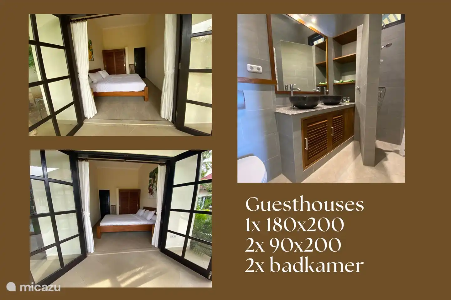 La casa de huéspedes tiene 2 dormitorios.
1 cama 180x200
2 camas de 90x200 juntas y formadas como cama de matrimonio. Esto también se puede formar como 2 camas individuales.