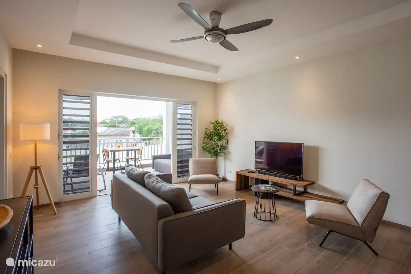 The living room has both a ceiling fan and air-conditioning 