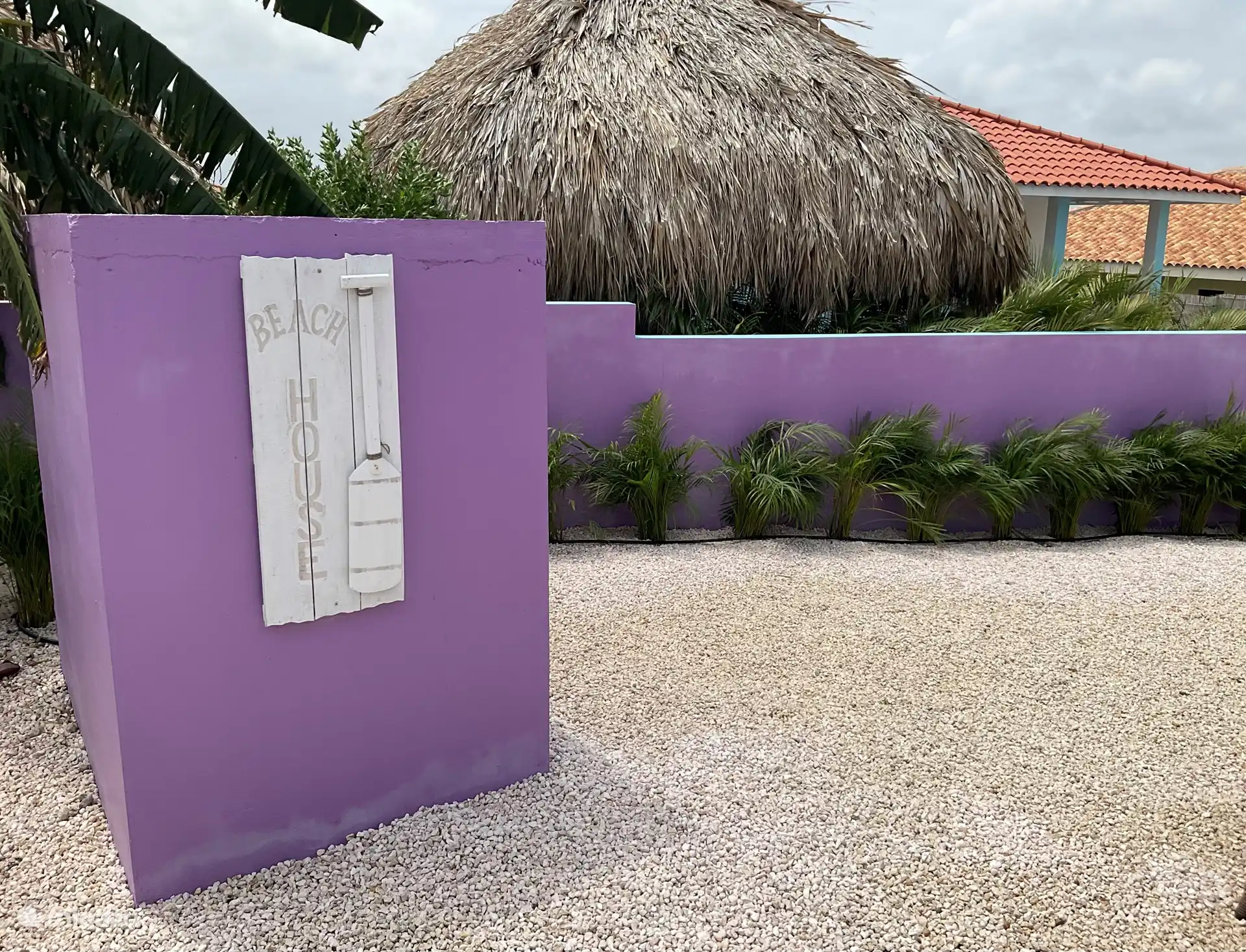 Pumpenhaus mit einer Hecke aus Kirchenpalmen dahinter.