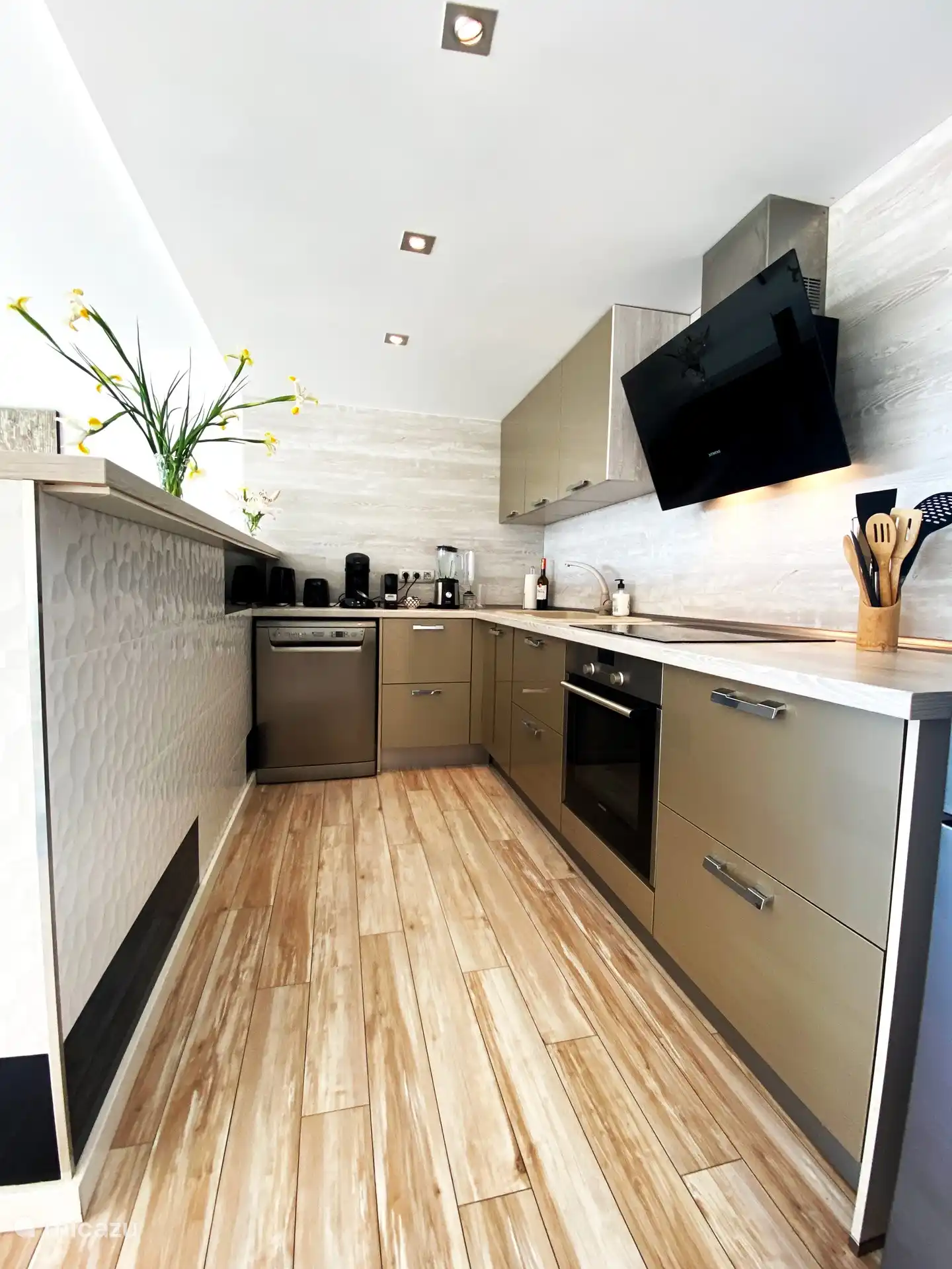 Voll ausgestattete Küche mit Geschirrspüler, Backofen, Induktionskochfeld, Dunstabzugshaube. Nespresso, Mixer und Wasserkocher