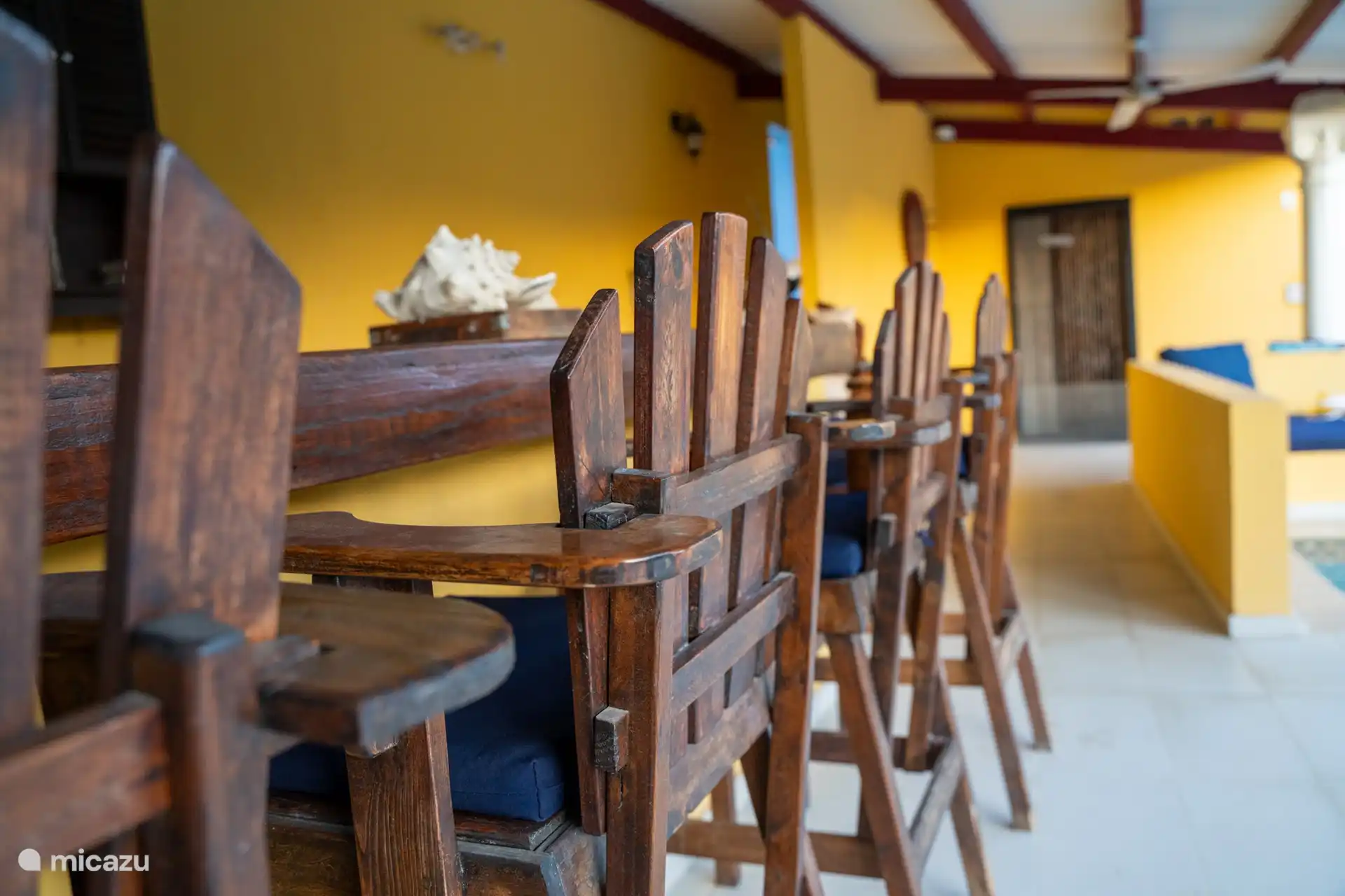 Shells on the bar adjacent to the pool, adding a tropical flair and blending perfectly with the relaxed atmosphere of the outdoor space.