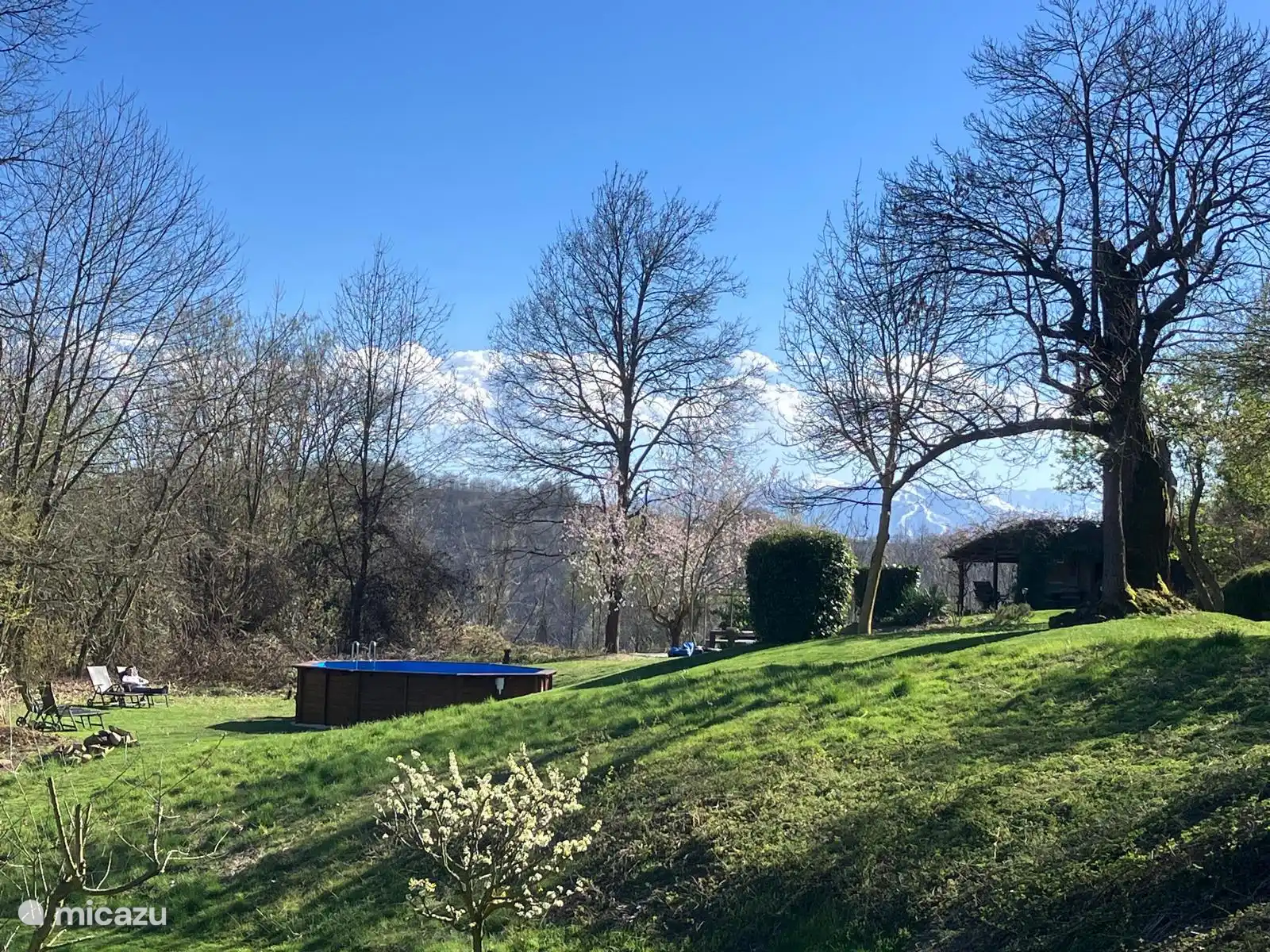 Tuin met zwembad in vroege voorjaar