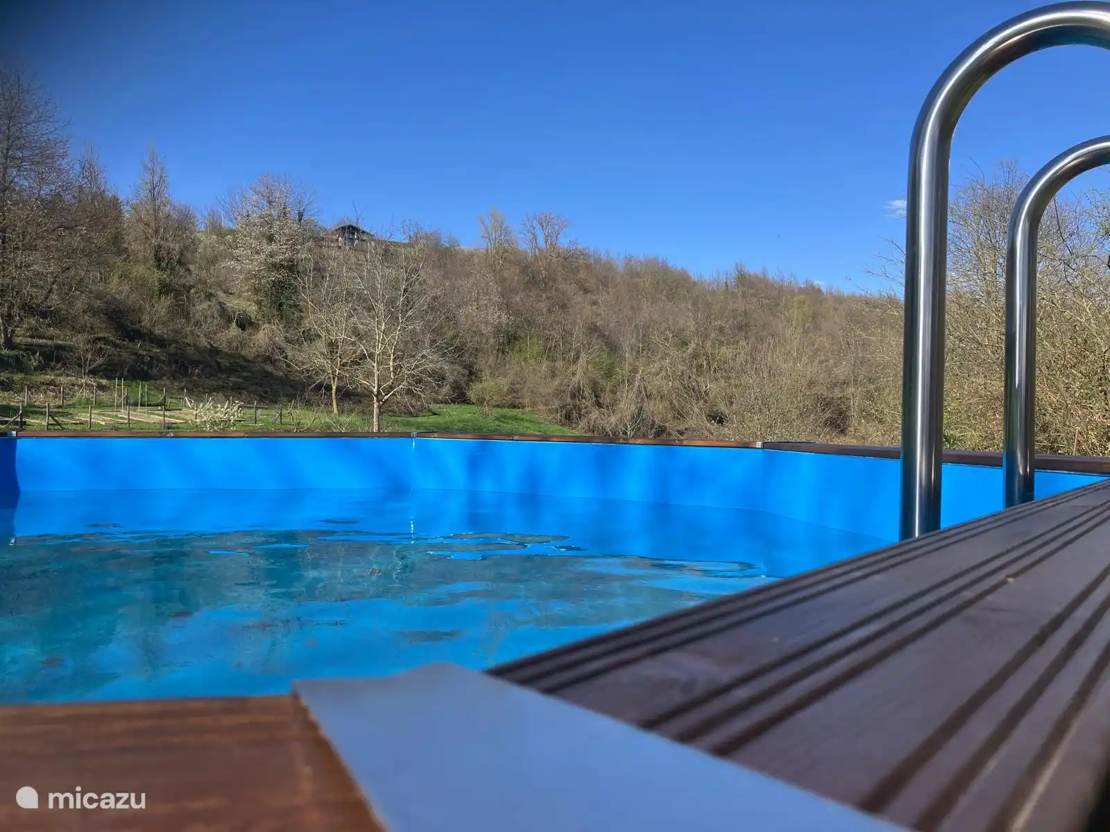 Luxe houten zwembad met tuin op achtergrond