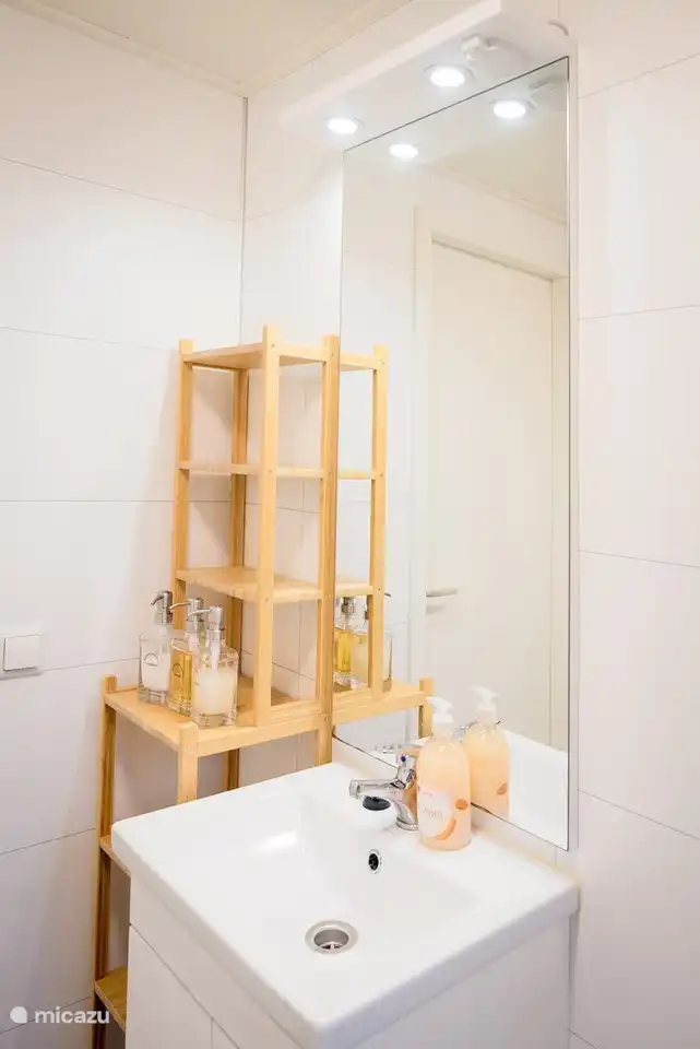 Das Badezimmer ist mit einem Schrank für alle Ihre Habseligkeiten, einem Waschbecken, einer Dusche und einer Toilette ausgestattet