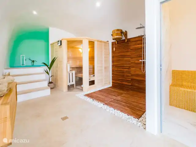 Casa Lua Galera | Espagne, Andalousie, Huescar - villa Notre espace spa dans une grotte avec sauna finlandais, piscine intérieure chauffée, douche froide, hammam, sauna infrarouge et transats. Dehors, il y a un sauna tonneau