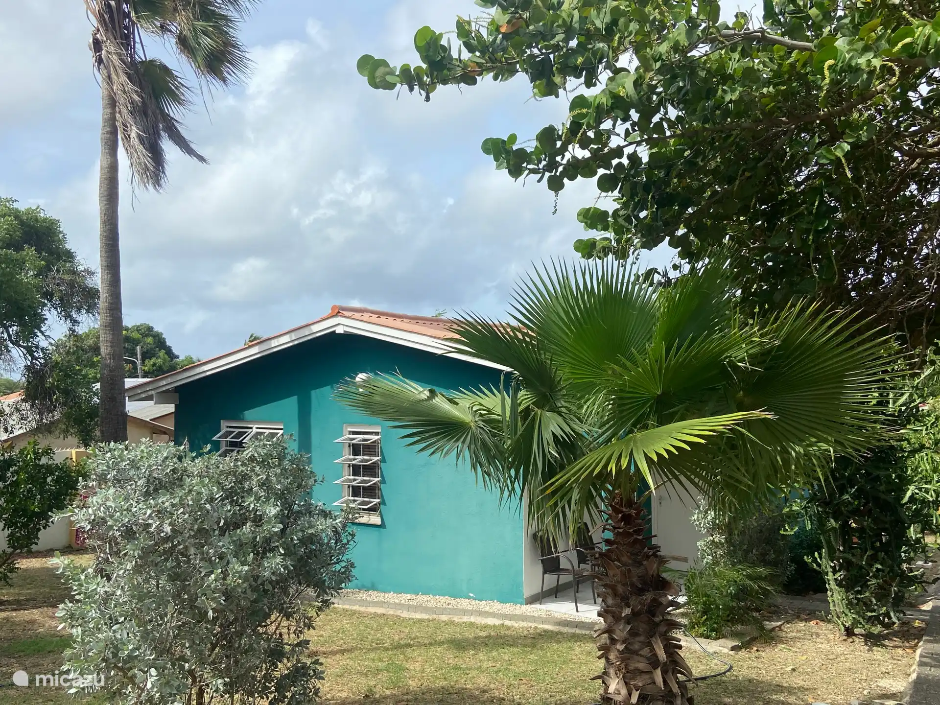El bungalow desde el lado con las hermosas palmeras.
