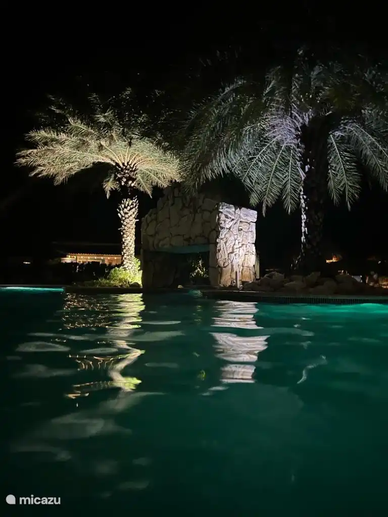Por la noche la piscina está agradablemente iluminada.