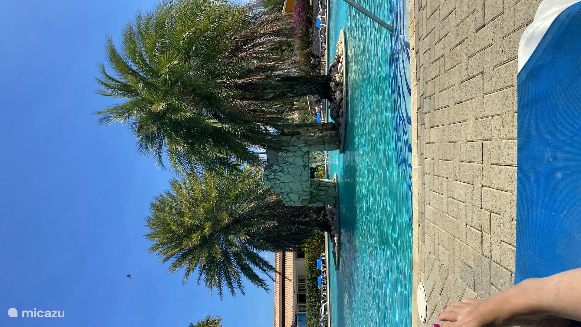 La hermosa piscina con cascada en el medio.