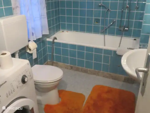 Patersberg en Alemania, Renania-Palatinado, Patersberg - casa vacacional El baño de la planta baja tiene bañera, inodoro y lavadora.