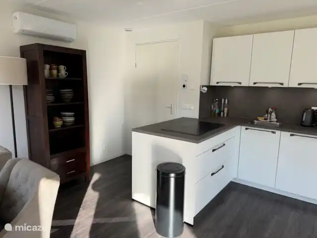 Hortensia de maison | Pays-Bas, Gueldre, Lochem - maison de vacances vue du placard du séjour avec vue sur une partie de la cuisine avec plaque de cuisson