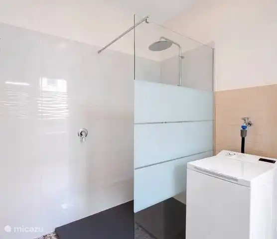 Das Badezimmer verfügt über eine komfortable ebenerdige Dusche und eine Waschmaschine.