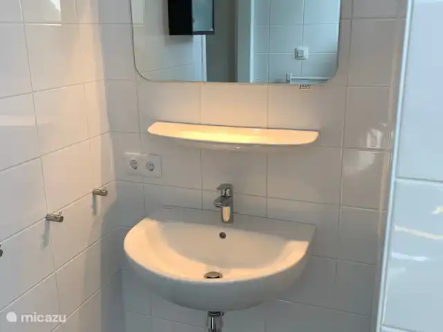 Vista del prado en Países Bajos, Barbante Septentrional, Cromvoirt - bungaló lavabo en el baño